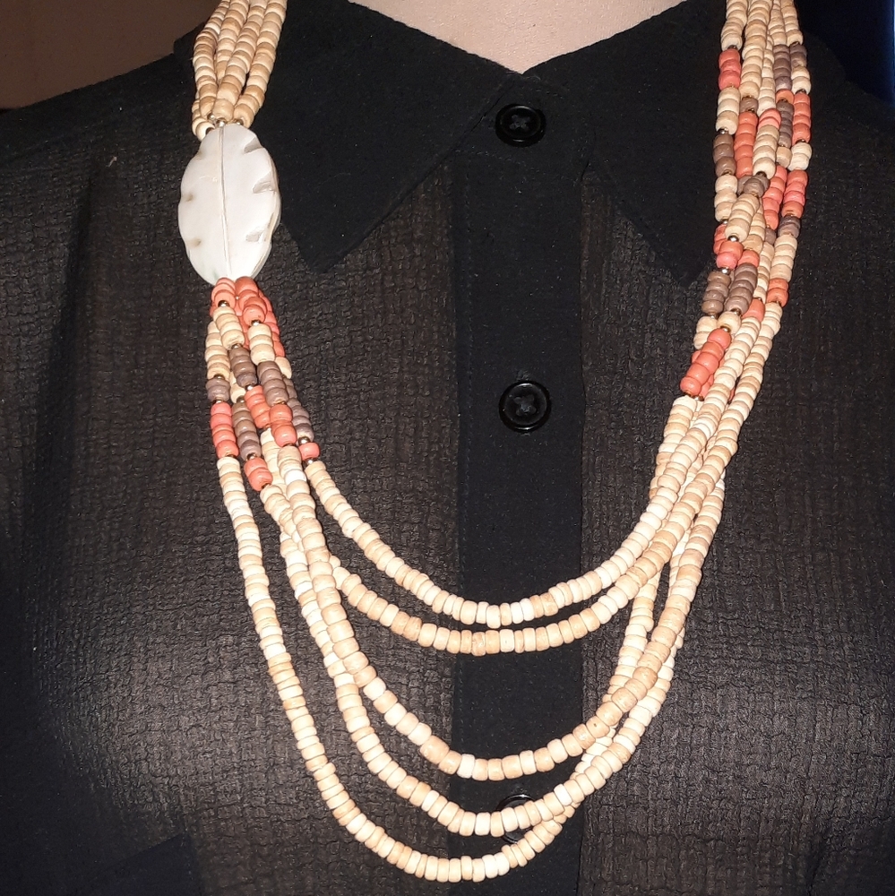 pearly feather/leaf carved detail Bohemian multistrand beaded necklace